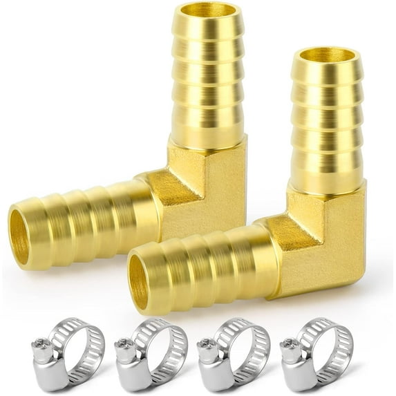 GASHER 5 Pieces Brass Hose Barb Reducer, 1/2 Inch to 1/2 Inch Barb Hose ID 90 Degree L Right Angle Elbow with 10 Hose Clamps, Brass Barb Reducer SPLICER Fitting Fuel/AIR/Water/Oil/Gas/WOG