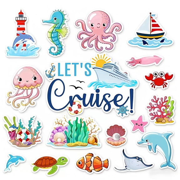 Ricihene 19PCS Cruise Door Magnets,Nautical Ship Magnets, Reusable Nautical Ocean Animal & Plant Magnetic Stickers for Cruise Ship Stateroom Refrigerator Carnival Party Decor