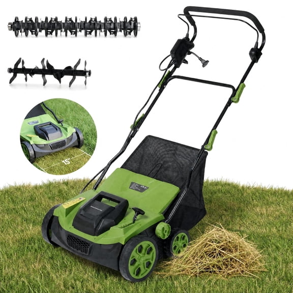 GASKY 15A 15-inch 2-in-1 Electric Dethatcher and Scarifier with 5-Position Depth Adjustment,12L Collection Bag,Tool-Free Blade Change