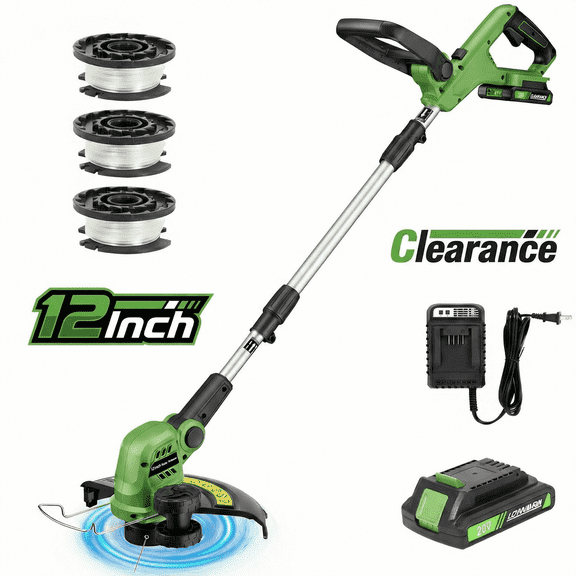TACKLIFE 20V 12" Cordless String Trimmer & Edger, Handle Adjustable Weed Eater Grass Trimmer with 3 lines, 2.0Ah Battery & Charger, Auto Line Feed,Green