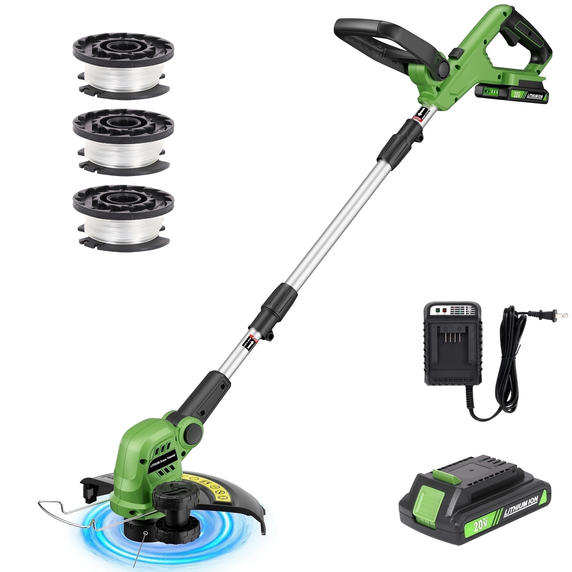 TACKLIFE 20V 12" Cordless String Trimmer & Edger, Handle Adjustable Weed Eater  Grass Trimmer with 3 lines, 2.0Ah Battery & Charger, Auto Line Feed,Green