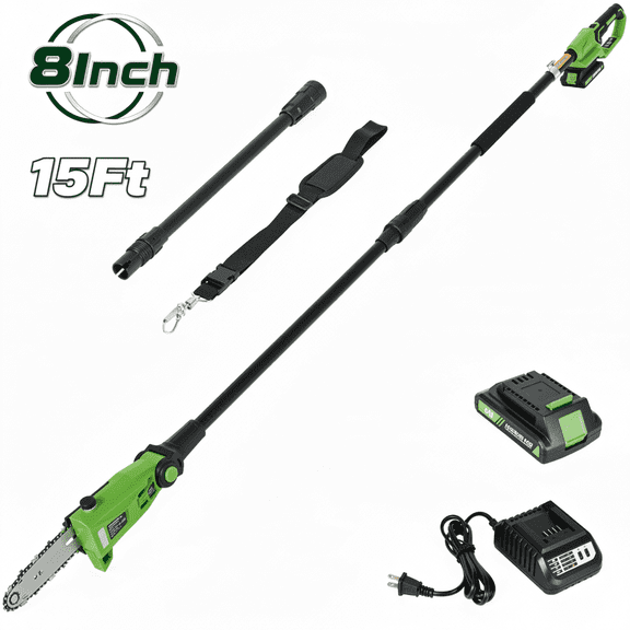 TACKLIFE Cordless Pole Saw 8-Inch for Tree Trimming, 20V Electric Pole Saw, Tree Trimmer with Battery and Charger, Reach up to 15 feet, Telescoping Tool-Less, Auto Oiling, Multi-Angle
