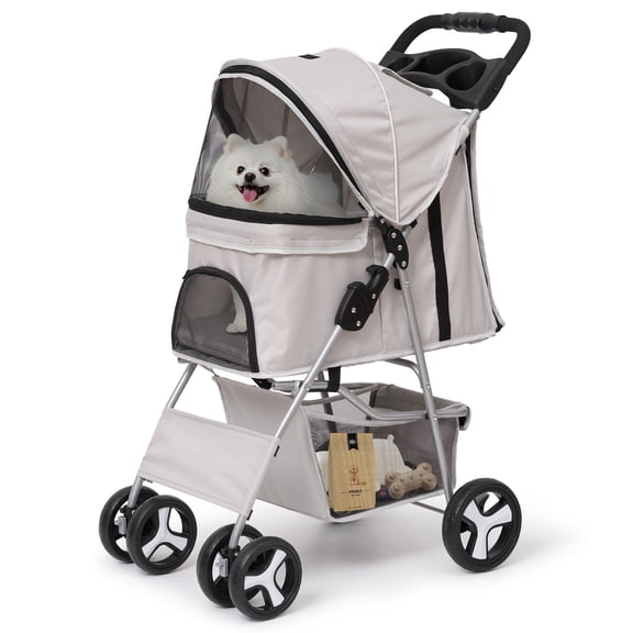 GASKY 4-Wheel Pet Stroller, One-Click Folding Dog Stroller with Storge Basket/Cup Holder and Safety Leash, Max Load 35 lbs, for Small and Medium Dogs/Cats, Gray