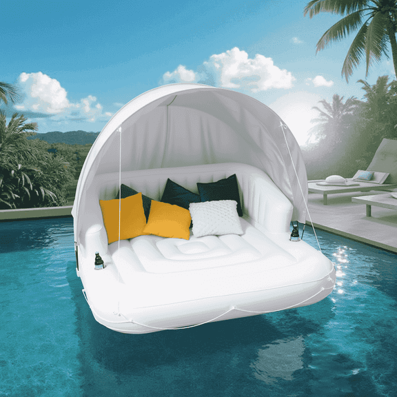 GASKY 70" Inflatable Pool Floats with Removable Canopy 2 Person Indoor & Outdoor Tanning Pool Lounger Built-in Cup Holders Portable Lounger for Backyard, Patio, Travel