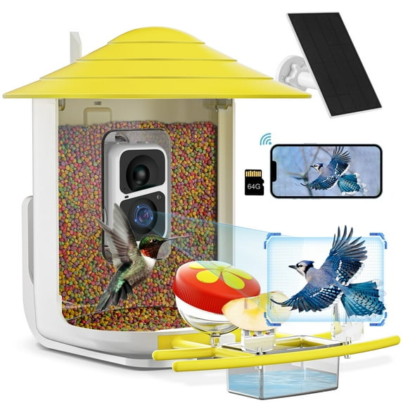 Gasky Smart Bird Feeder with Camera & Real-Time Alerts, Auto Capture Bird Videos,5V Solar Panel,Gift for Bird Lovers,Yellow