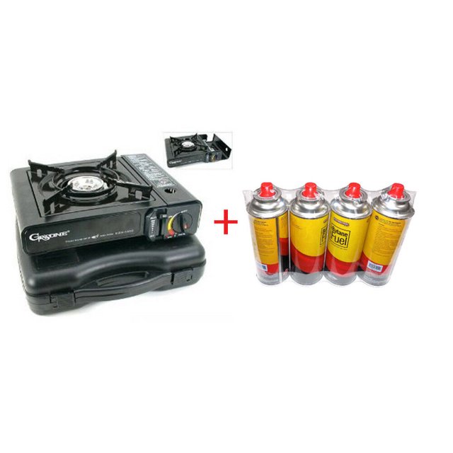 GASONE Portable Butane Gas Stove Range + 4 Butane Gas Can Bottle Combo Set Camping Cooking Party Outdoor Offroading