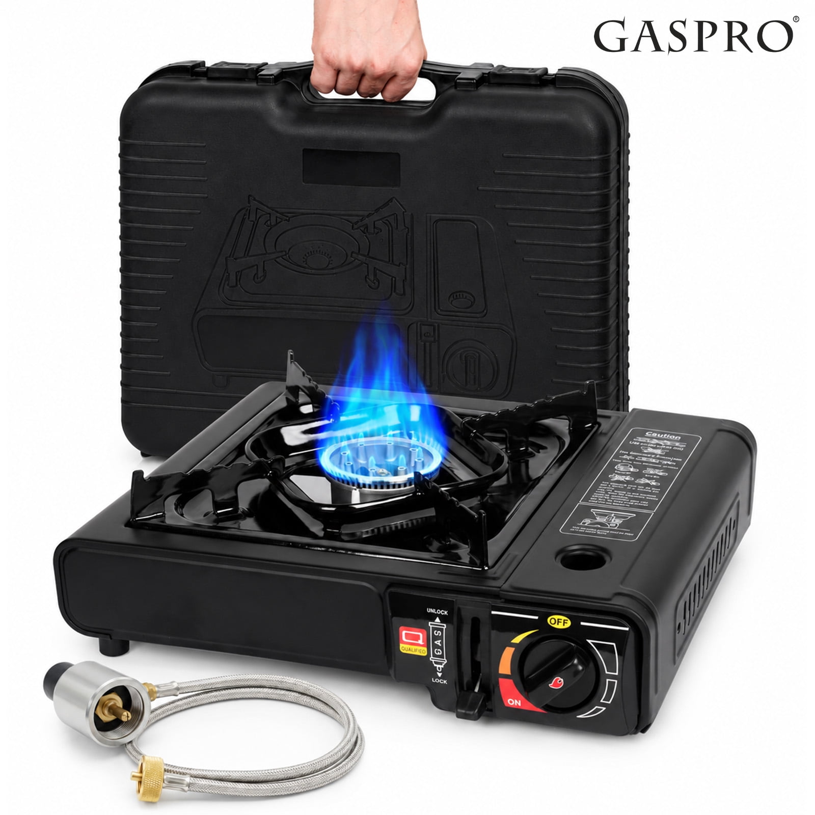 GASPRO Portable Dual Fuel Gas Stove with Stainless Steel Braided Hose, 7800 BTU High Output, Butane & Propane Compatible for Camping, Hiking, Tailgating & Emergency Use, Includes Carrying Bag