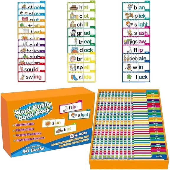 GASRANW 30 Read and Rhyme Flip Books, Word Family Build Book, Letter Sounds Flash Cards, Vocabulary Flashcards, Word Families, Sight Word Flash Cards, Phonics Reading Tool, Educational Reading Games