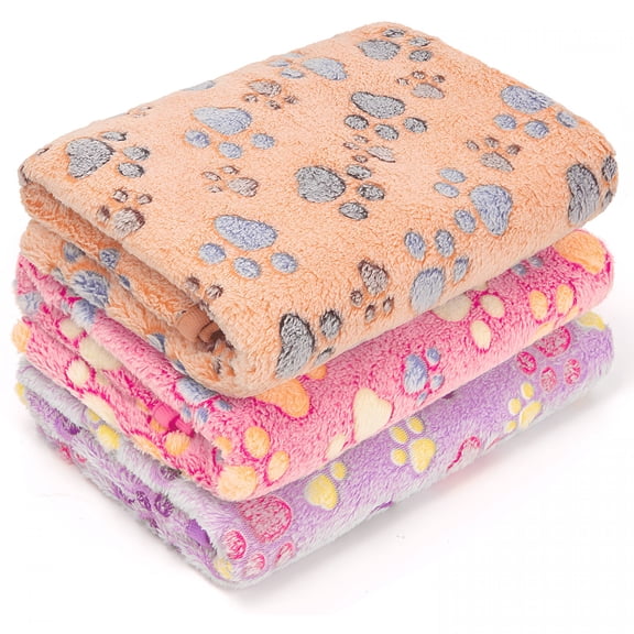 GASTROPOD 1 Pack 3 Blankets for Dogs, Fluffy Premium Flannel Pet Blanket for Dog Puppy Cat, Paw Print, Soft Warm Sleep, Washable (Large 30x40'', Pink, Brown, Purple)