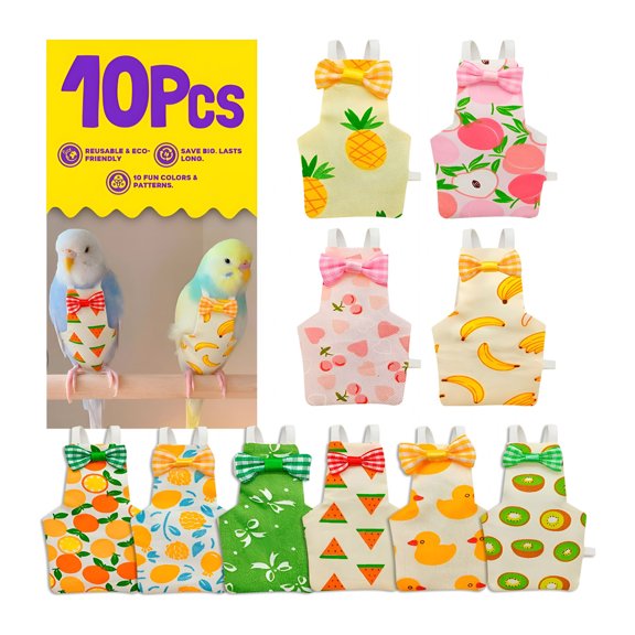 GASTROPOD 10Pcs Reusable Bird Diapers - Washable Parrot Nappy with Waterproof Lining & Adjustable Straps for Pigeons (Size S)