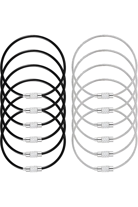12 Pack Wire Keychain Cable,6 Inch Stainless Steel Cable Key Rings,2mm Thick Key Rings for Luggage Tag Loops and ID Keepers (Black & White)