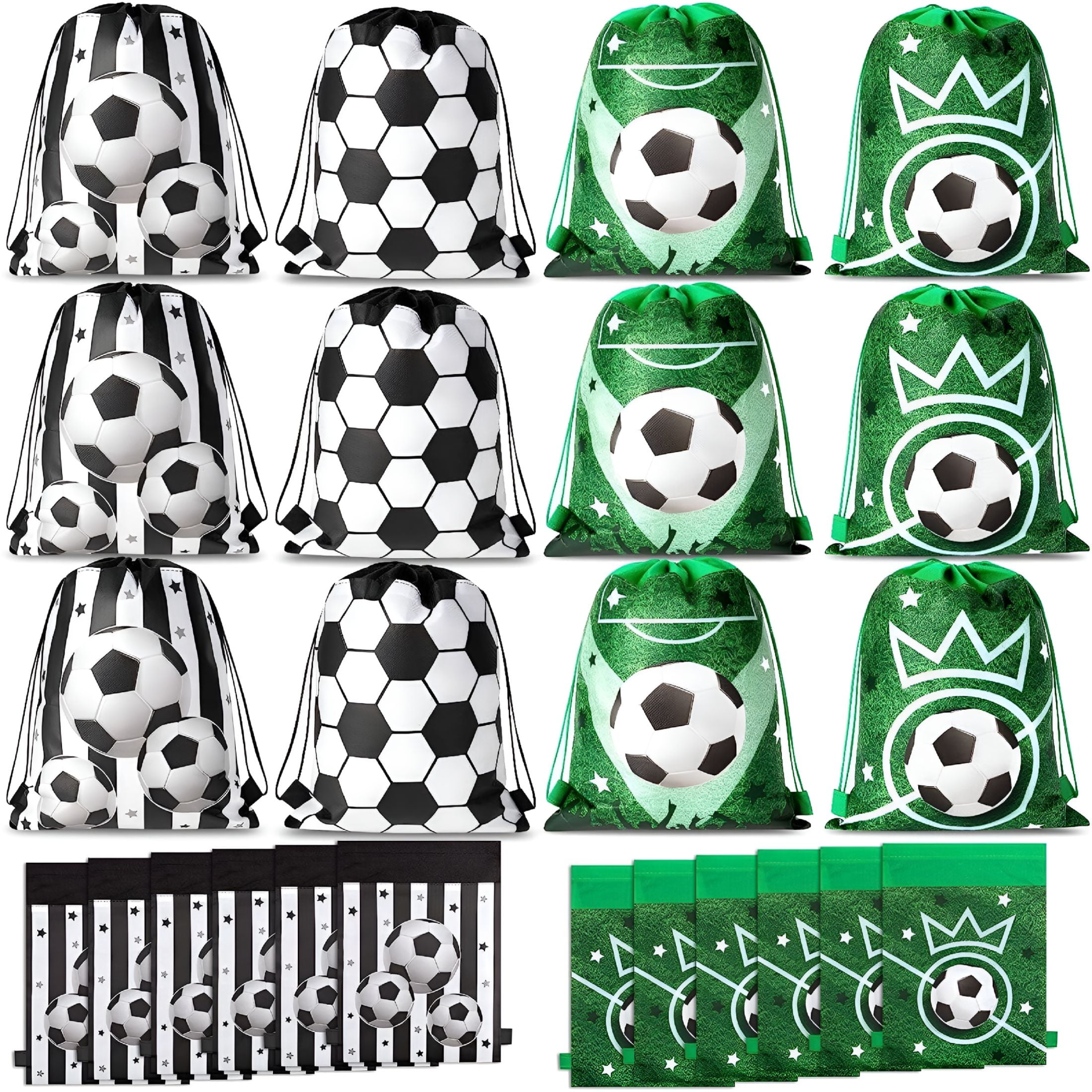 GASTROPOD 12 Pcs Soccer Ball Bag,Soccer Party Bags,Cinch Bags for Popcorn,Soccer Bags for Party Decorations,Soccer Theme Candy Snack Present Bags (Green and White)