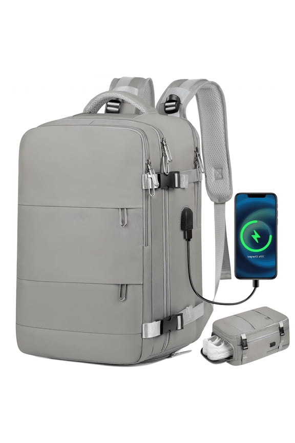 17.7" Travel Backpack with USB Port and Shoe Compartment,Laptop Carry-On Backpack,Waterproof Large Casual Daypack Travel Bag for Women Men Weekender Trips,Business and Hiking,Gray