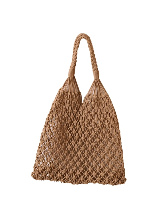 1Pcs Crochet Backpack Flap Drawstring Shoulders Bag Summer Beach Woven Tote Bag, Straw Rattan Raffia Bucket Bag, Handmade Basket Handbag
