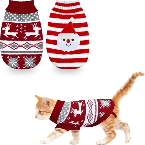 GASTROPOD 2 Pack Cat Christmas Sweater, Knit Turtleneck Cat Sweater Clothes Reindeer Santa Christmas Sweaters Outfit for Cats Kitten Puppy Small Dogs S