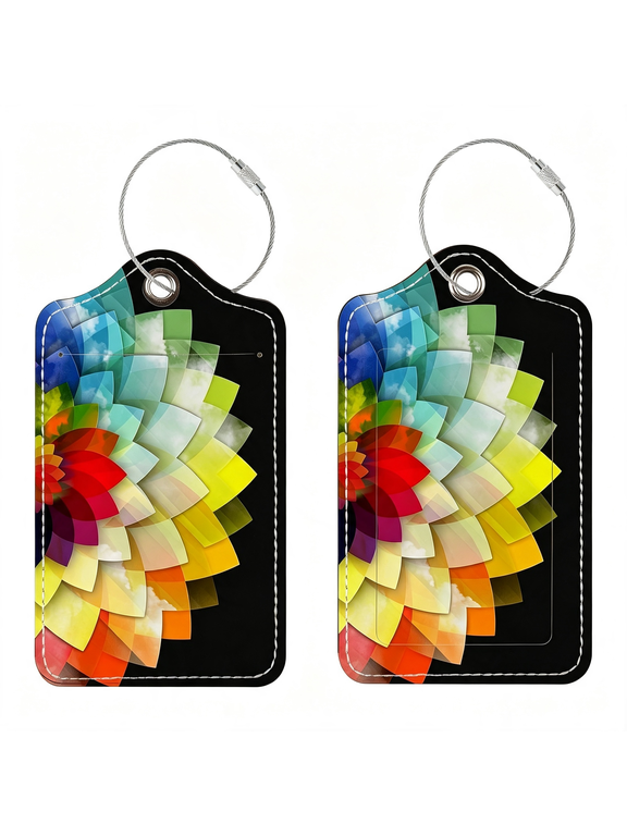 2 Pack Cute Pu Leather Luggage Tags for Suitcases,Travel Essentials | Tsa Approved, Privacy Cover Id Label, Stainless Steel Loop, Waterproof, for Airport Cruise Travel, Colorful Flower