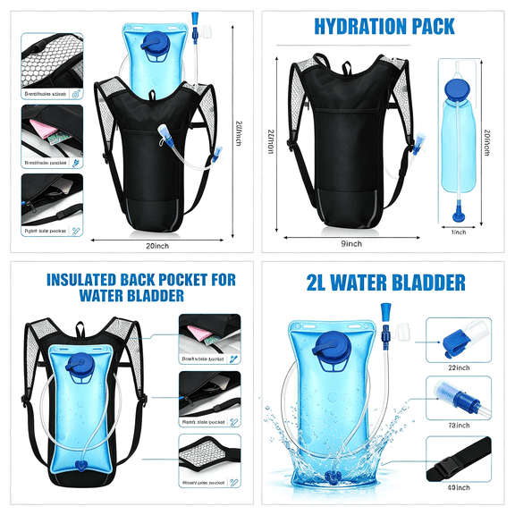 GASTROPOD 2 Pack Hydration Backpack Pack with 2L Water Bladder, Hydration Water Backpack with Hydration Bladder Hiking Running Cycling Biking Water Backpack for Men and Women (Blue, White)