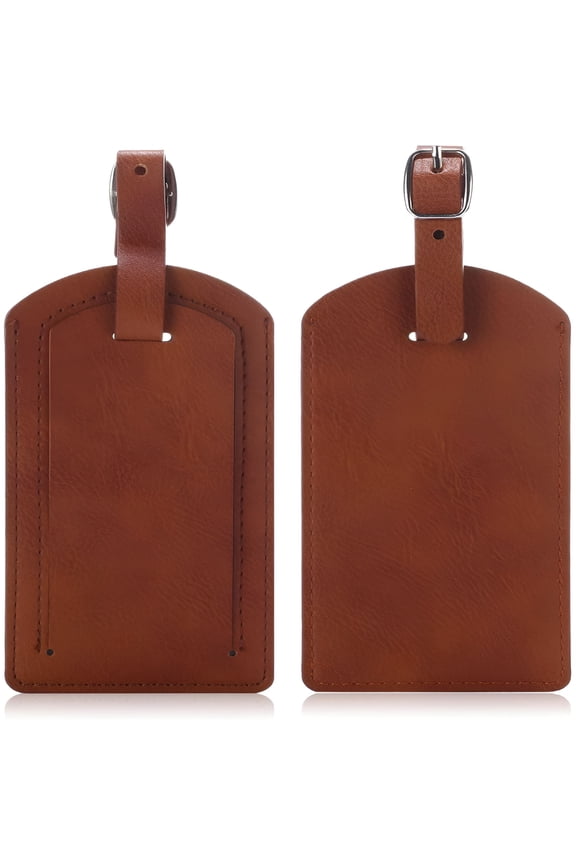 (2 Pack) Luggage Tag, Travel PU Leather Tag Address Label Holder with Privacy Cover Suitcase Identifier for Cruise, Airplane, and Traveling (Brown)