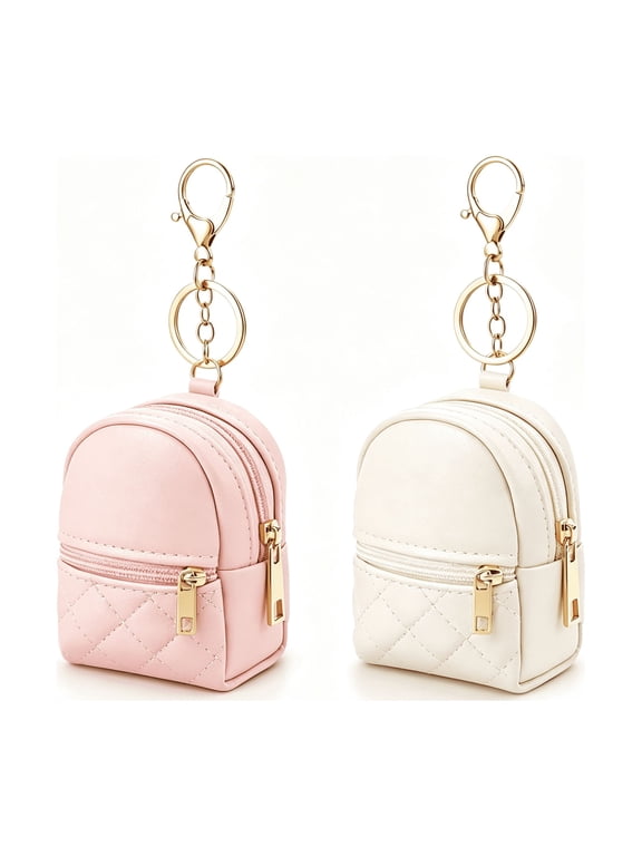 2 Pcs Mini Keychain Backpack,Cute Cosmetic Bag for Women Creative Pendant Keychain Keyrings Pu Leather Makeup Bag Key Pocket Lipstick Bag Card Holder Zipper Pouch(Pink+Beige)
