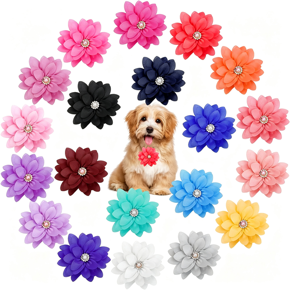 GASTROPOD 25 Pcs Dog Flower Collar Accessory, Multi-Color Pet Collar Flower with Pearl Soft Chiffon Dog Bow Tie for Cat Puppy Grooming Accessories (20 Colors), Cute Dog Collar Flowers
