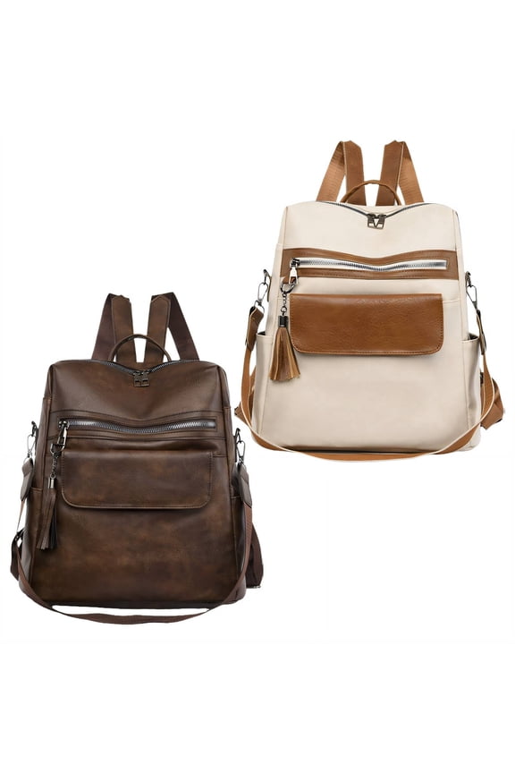 2026 New 2Pcs Backpack for Women Conveniently Light Travel Backpack Abundant Space Fully Adjustable Straps Backpacks Style8 Brown Off White