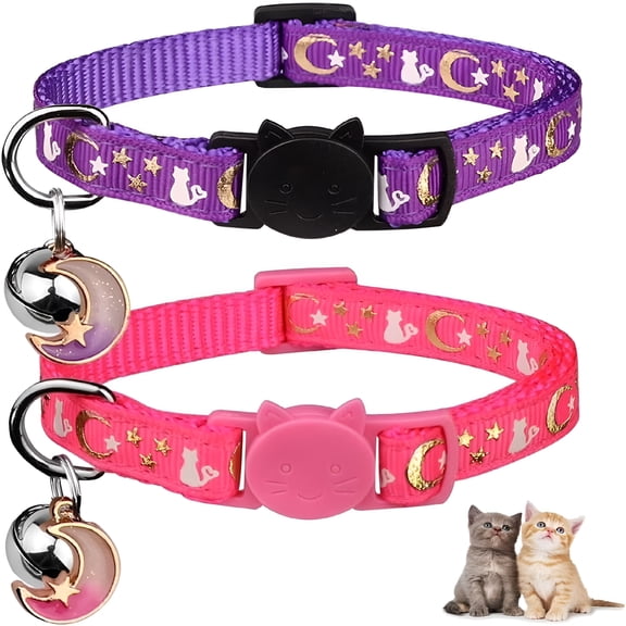 GASTROPOD 2026 New 2Pcs Breakaway Cat Collars with Bell Moons Stars Cute Kitty Adjustable Safe Kitten Collars with Pendant Glow in the Dark (Purple and Pink)