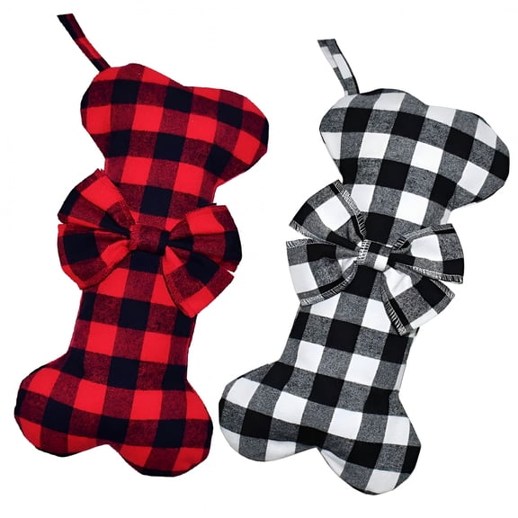GASTROPOD 2026 New 2Pcs Pet Dog Christmas StockingsClassic Buffalo Red Black Plaid Bone Shape Hanging Christmas StockingDog Christmas Stocking for Home,Mantel,Fireplace,Holiday Decor