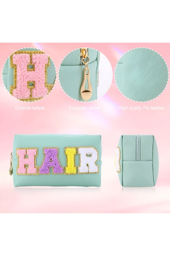 2026 New 3Pcs Preppy Patch Makeup Bag with Patches Chenille Letter Face Hair Skin Bag Zipper Closure Pu Leather for Women for Travel Accessories
