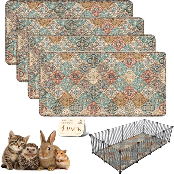 GASTROPOD 2026 New 4Pack Washable Guinea Pig Pee Pads, Stylish, Non-Slip and Leak-Proof Pee Pads. Reusable Potty Pads for Small Animal Guinea Pigs Rabbit. (Cream/Multi, 24" X 48")