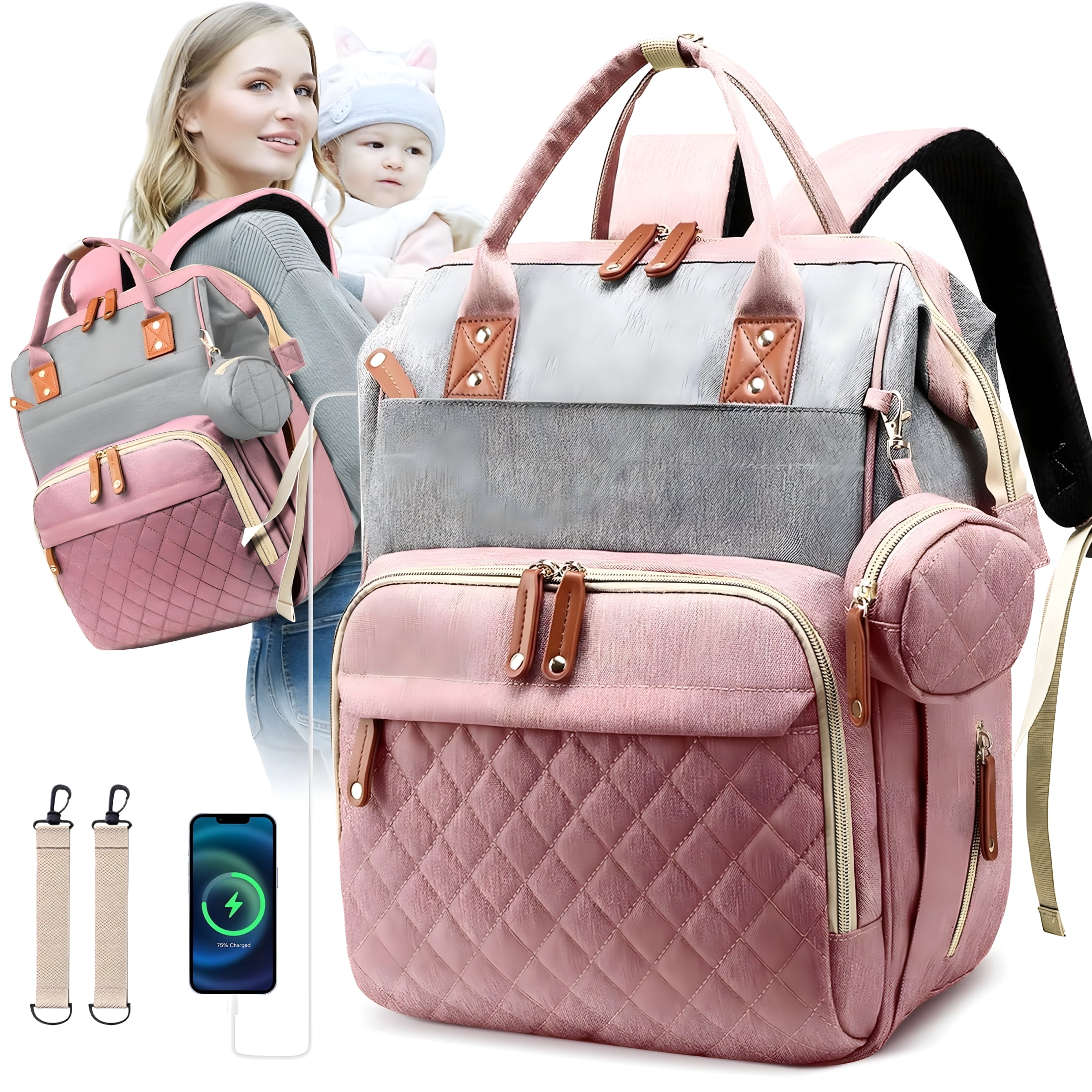 GASTROPOD 2026 New Baby Diaper Bag Backpack,Multifunction Waterproof Baby Bag with Usb Charging Port,Stroller Straps and Pacifier Case Unisex for Travel,Stroller,Daycare,Park,Shopping Pink