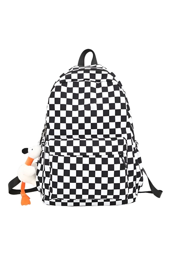 2026 New Checkered Backpack with Pendant, Checkerboard Backpack, Cute Laptop Backpack, Light Rucksack for School,Travel,Work,Shopping,Black