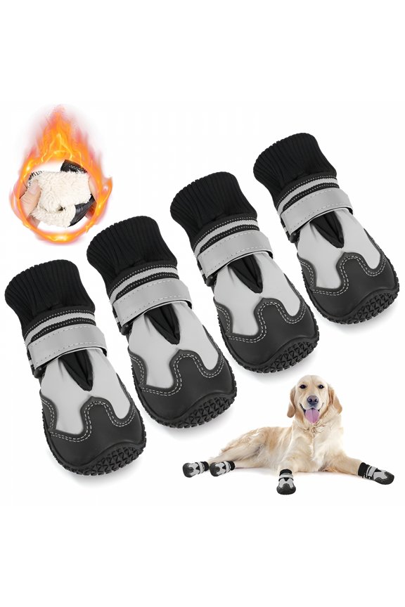 2026 New Dog Boots - Waterproof Non-Slip Shoes with Reflective Straps, Warm Fleece Paw Protectors for Winter Gray Dog Boots & Paw Protectors