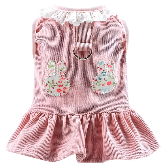 GASTROPOD 2026 New Dog Harness Dress with D Ring Rabbit Patch Lace Princess Puppy Dress Skirt Fall Winter Thick Corduroy Holiday Pet Clothes Dresses for Small Dogs Girl Cat Outfit-M