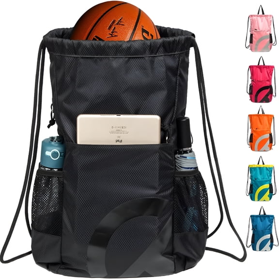 GASTROPOD 2026 New Drawstring Backpack Bag Basketball Football Volleyball Mesh Gym Sports String Drawstring Bag Waterproof for Men and Women with Smooth Zipper and Two Mesh Water Bottle Holder(Black)