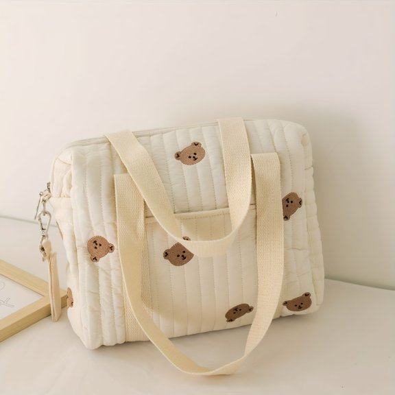 GASTROPOD 2026 New Embroidery Pattern Baby Beige Cotton Fabric Zipper Diaper Bag Large Travel Stroller Diaper Storage Organizer Multifunction Baby Tote Bag for Boys and Girls Gift