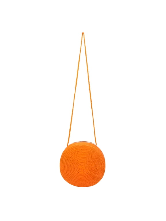 2026 New Fashion Women Straw Woven Pure Color Messenger Bag Vacation Round Purse Orange for Summer Outings, Beach Trips, Vacations, Casual Wear, Outdoor Events.