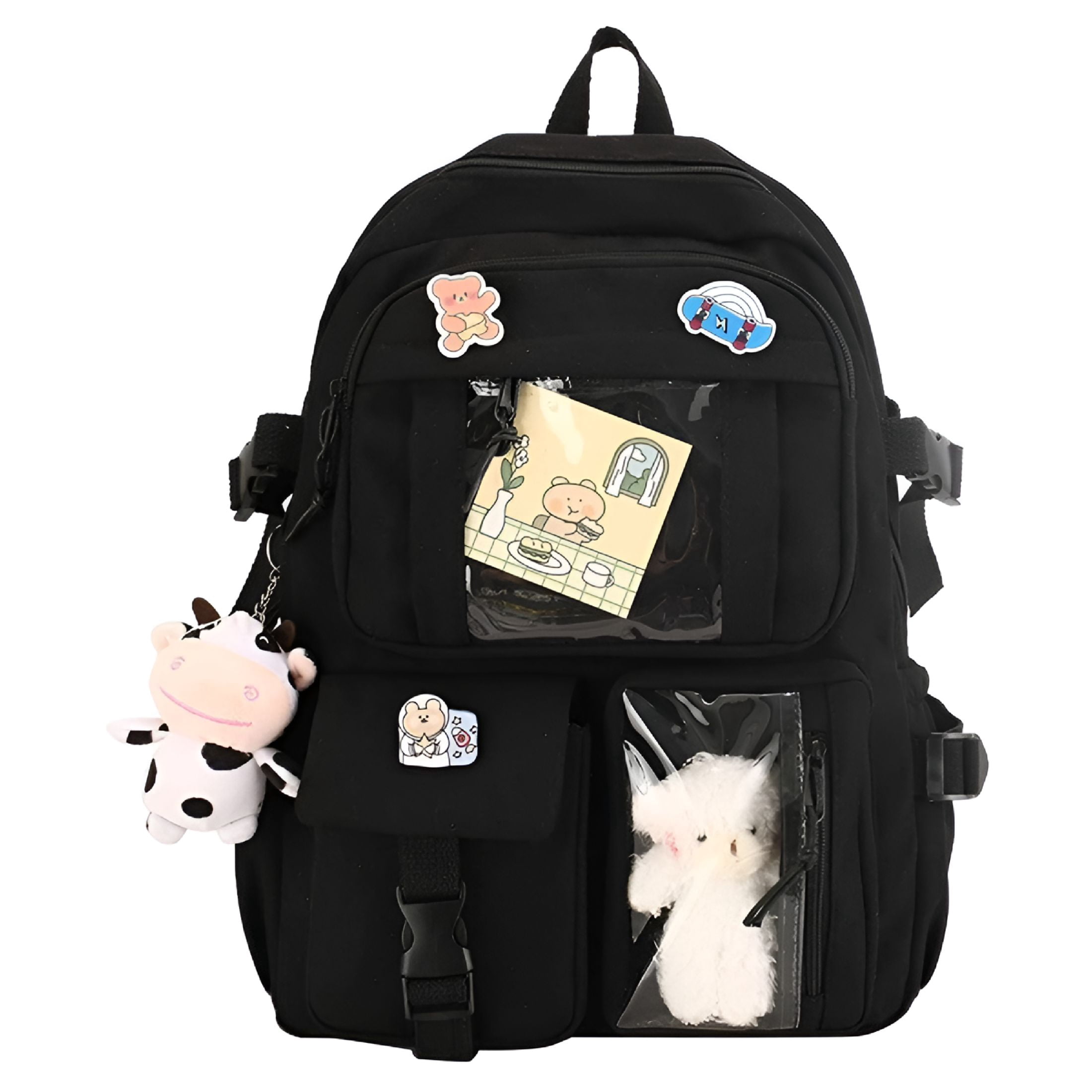 GASTROPOD 2026 New Kawaii Cute Bear Backpack with Cow Pendant & Pins - Back to School Supplies Student Animal Japanese Anime Bag Daypack for School, Travel, Outing, Casual Use