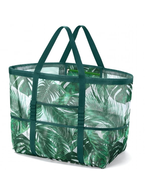 2026 New Mesh Beach Bag Rope Handles,Mesh Tote Bag for Women Contains Wicker Oversized Beach Tote Bag with 9 Small Pockets (Green)