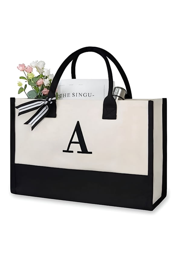 2026 New Personalized Initial Canvas Beach Bag, Monogrammed Gift Tote Bag for Women for Beach,Shopping,Travel,Work,Outing Personalized Birthday Gift for Mom, Teacher, Friends, Bridesmaids
