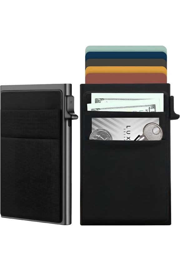 2026 New Ultra-Slim Metal Wallet for Men - Rfid Blocking Minimalist Pop Up Card Holder, Elastic Pocket for Cash and Coins,For Daily Use,Travel,Business,Work,Shopping Black