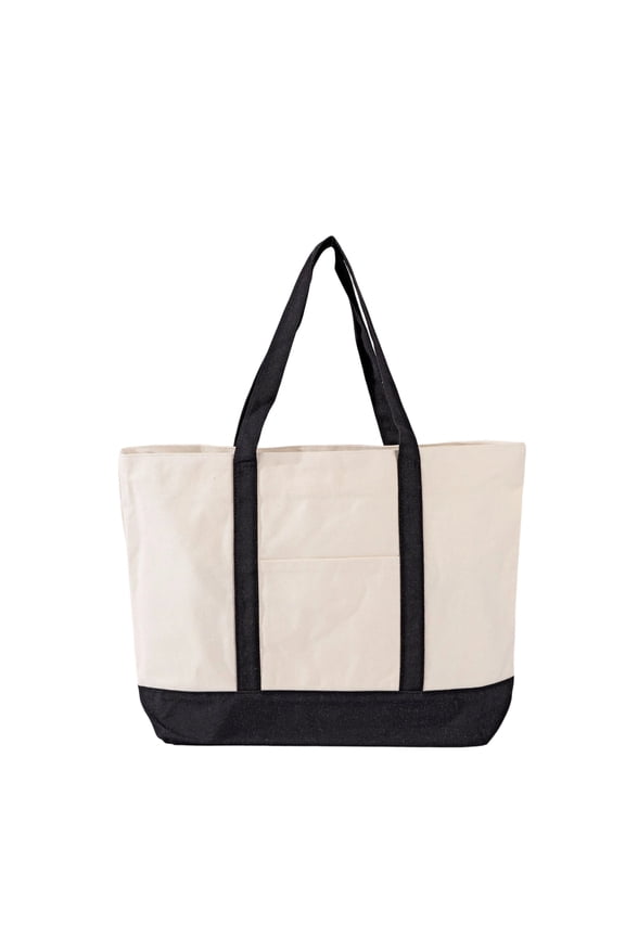 22" Extra Large Cotton Canvas Zippered Shopping Tote Grocery Bag in Black for Women