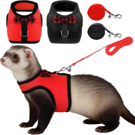 GASTROPOD 2Pcs Animal Harness and Leash,Ferret Harness No Pull Mesh Black Red,S,Soft Mesh Comfort,Bell for Outdoor Walks, Easy-On Fit,4.4Ft Leash,For Baby Ferrets,Rats and Guinea Pigs