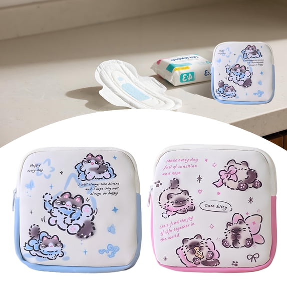 GASTROPOD 2Pcs Period Bag,Pu Leather Cat Pattern Period Pouch for Pads,Sanitary Napkins,Small Tampons,Portable Pad Bag for Ladies First Period Gifts,Mix1