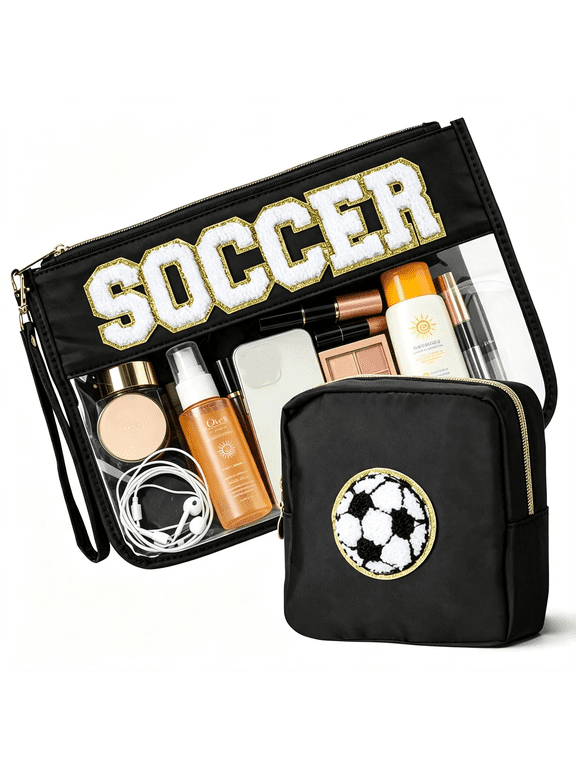 2Pcs Soccer Gifts Cosmetic Bags,Baseball Mom Essentials,Makeup Bag with Chenille Letters,Pvc Travel Toiletry Organizer for Stadium,Sports Events,Team Gifts(Soccer-Black)