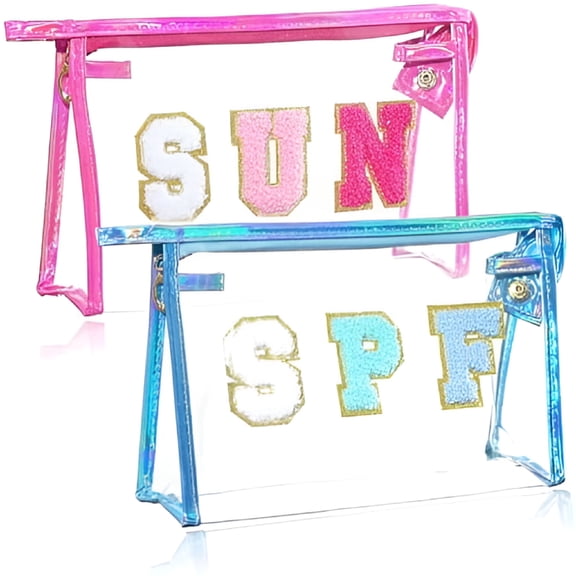 GASTROPOD 2pcs Sun Bag Chenille Letter Makeup Bag for Beach, Clear Pouch with Zipper, Preppy Travel Bags Clear Cosmetic Toiletry Bag for Women Girls Teens