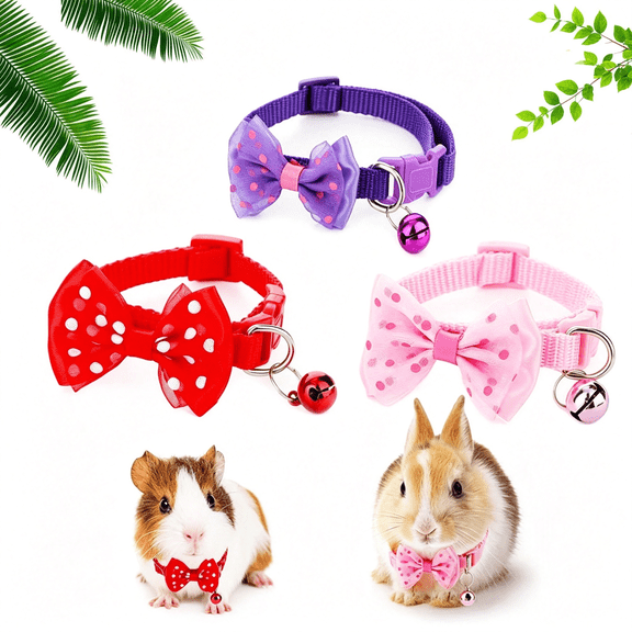 GASTROPOD 3 Pcs Rabbit Adjustable Collars with Bell, Guinea Pig Bow-Knot Cute Collar, Small Animal Exercise and Interaction Accessories, Safe Rabbit Accessories for Bunnies Indoor (Colors May Vary)