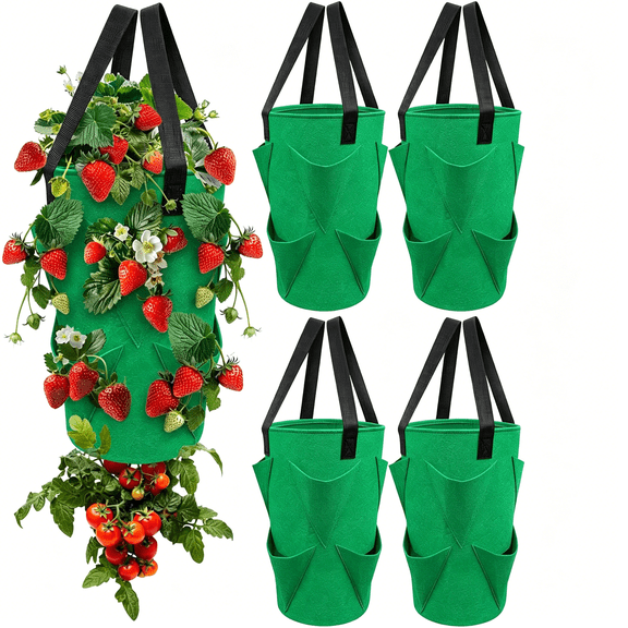GASTROPOD 4Pack Upside Down Strawberry Tomato Planter Hanging Growing Kit Outdoor Indoor 3 Gallon Cloth Fabric Cherry Tomato Strawberry Vegetable Vertical Hanging Garden