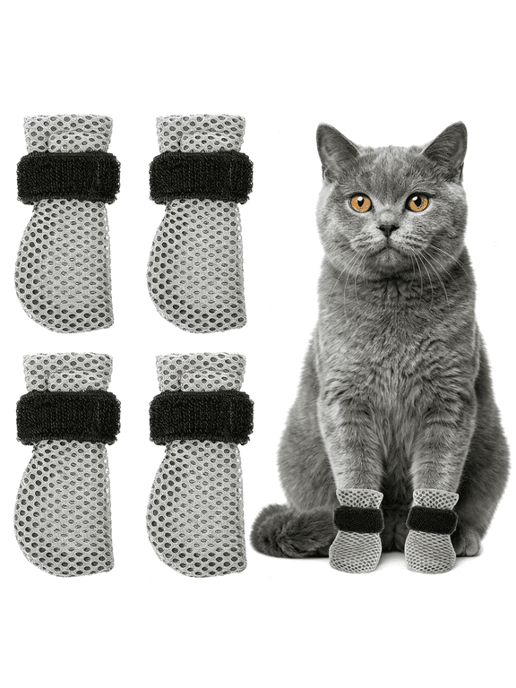 4Pcs Cat Booties Anti Scratch Mittens Gloves Mesh Cat Claw Covers Kitten Protectors Foot Booties Breathable Adjustable Kitten Shoes to Prevent Scratching for Nail Trimming Pet Bathing