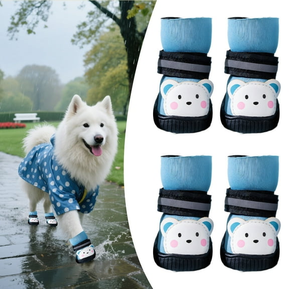 GASTROPOD 4Pcs Dog Booties,Waterproof Bear Pattern Dog Shoes for Hot Pavement,Reflective and Anti-Slip Dog Shoes,Blue