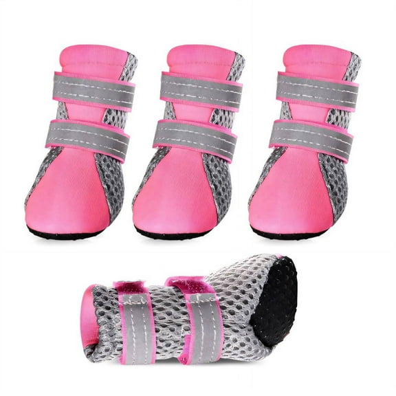 GASTROPOD 4Pcs Dog Shoes Waterproof Dog Rain Boots Soft Neoprene Anti-Slip Sole Dog Boots & Paw Protectors Reflective Straps for Night Safety Dog Booties 4x3.6cm,Pink